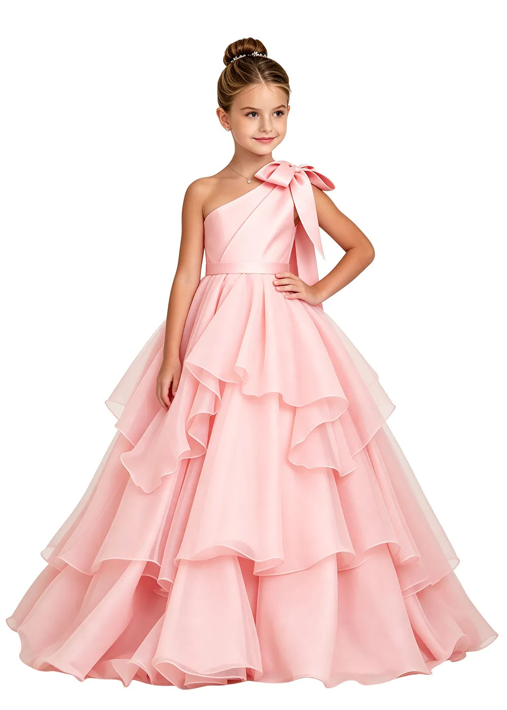 One-Shoulder Bow Tulle Girls Ball Gown