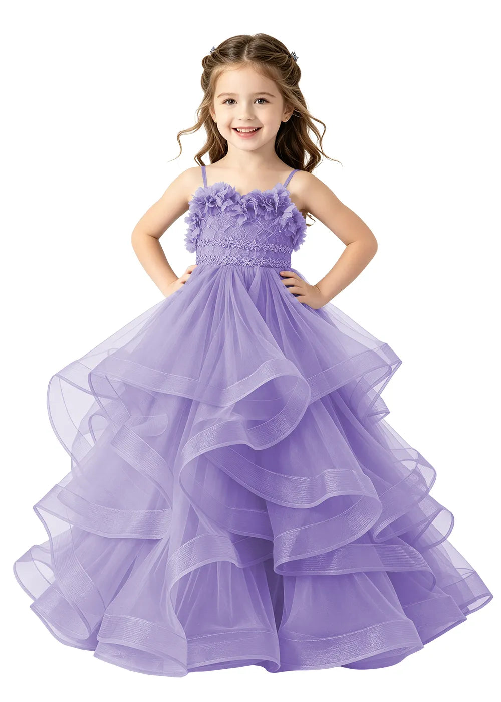 3D Floral Ruffle Tulle Girls Ball Gown