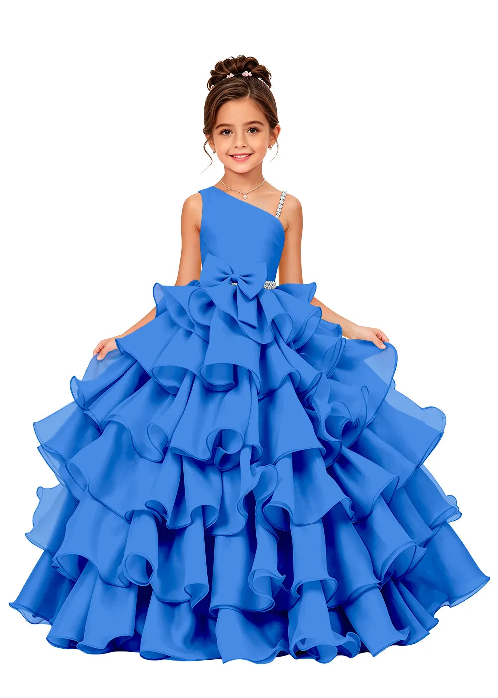 Asymmetrical Strap Tiered Organza Girls Pageant Dress