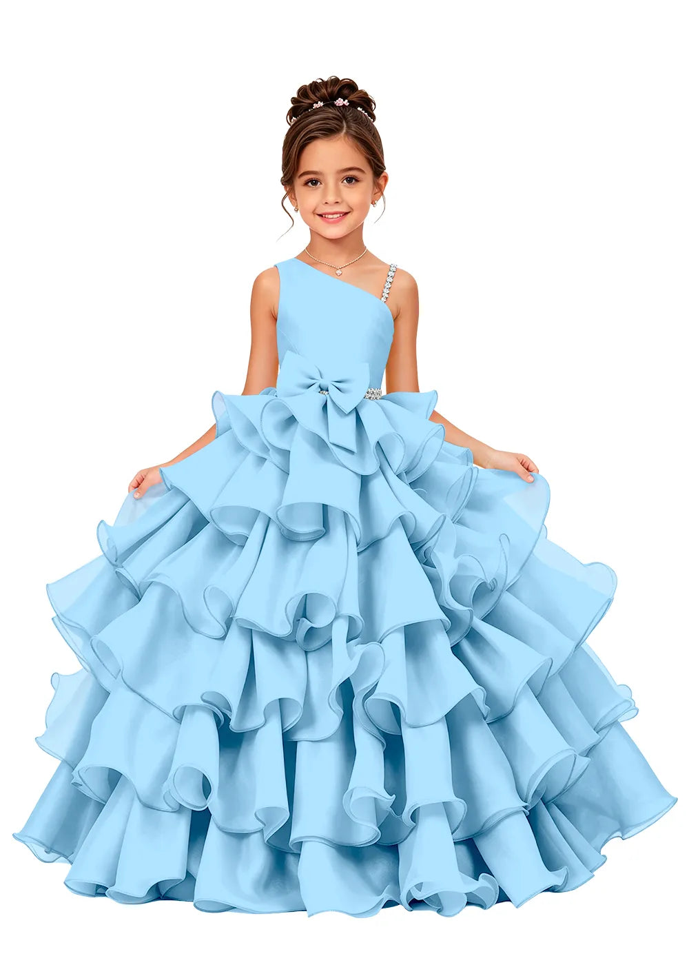 Asymmetrical Strap Tiered Organza Girls Pageant Dress