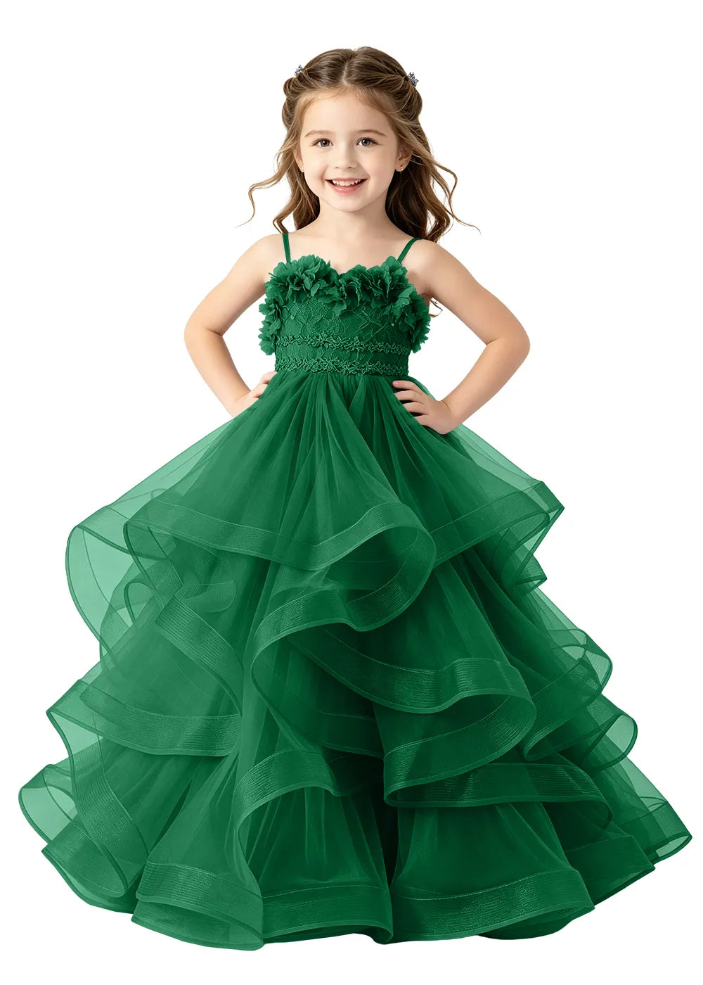 3D Floral Ruffle Tulle Girls Ball Gown