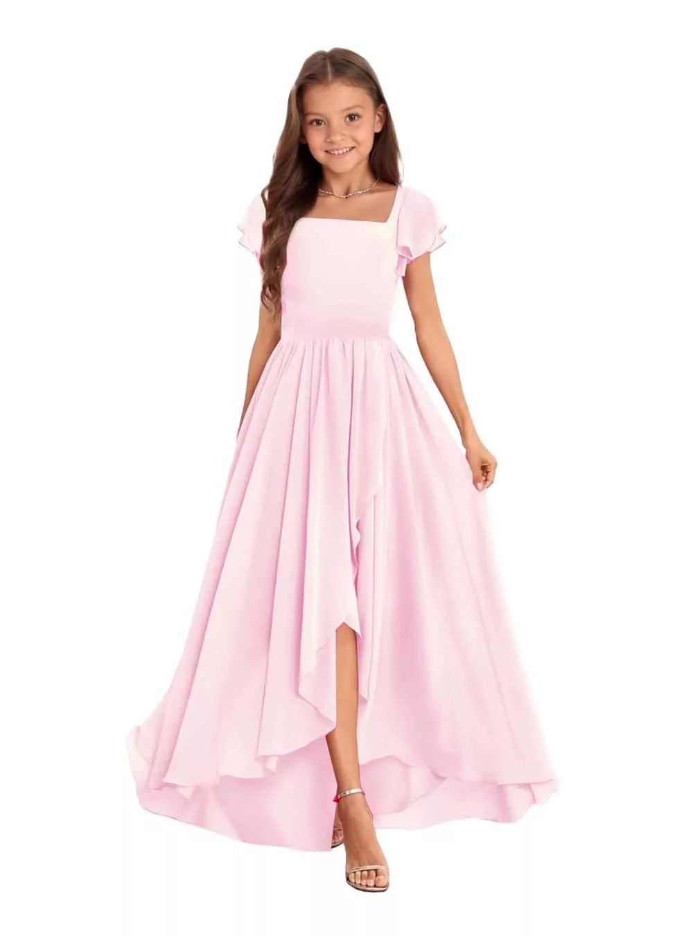 Elegant Square Neck Chiffon Maxi Dress-[Pink]