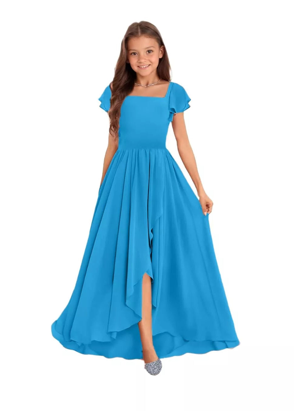 Elegant Square Neck Chiffon Maxi Dress-[Blue]