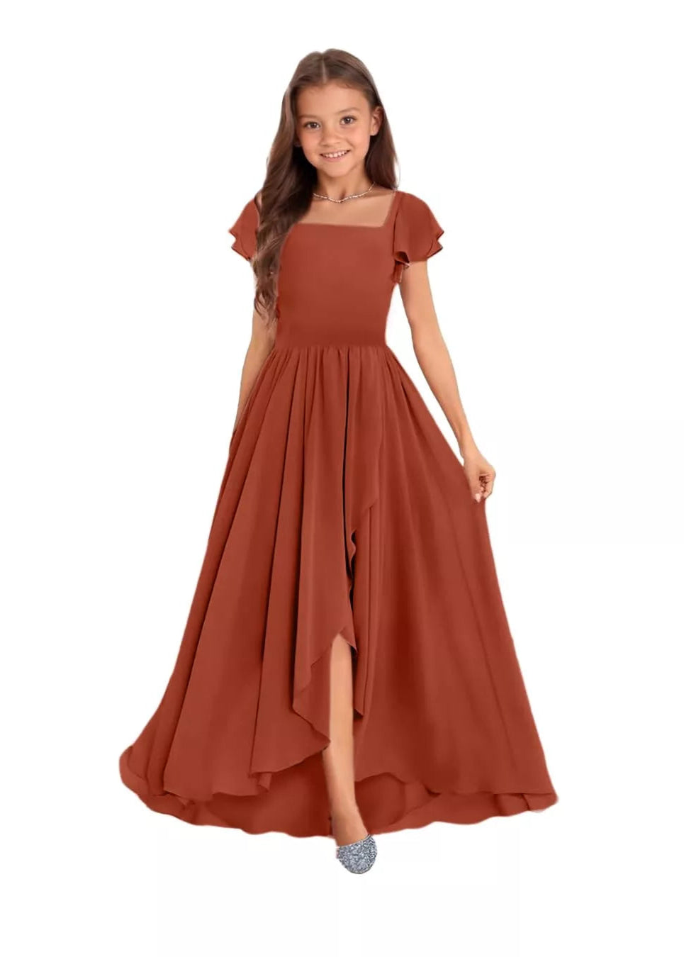 Elegant Square Neck Chiffon Maxi Dress-[Red]