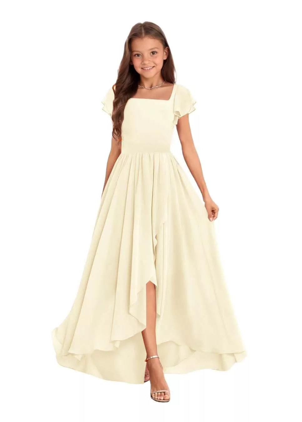 Elegant Square Neck Chiffon Maxi Dress-[Yellow]