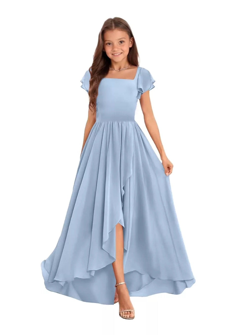 Elegant Square Neck Chiffon Maxi Dress-[Blue]