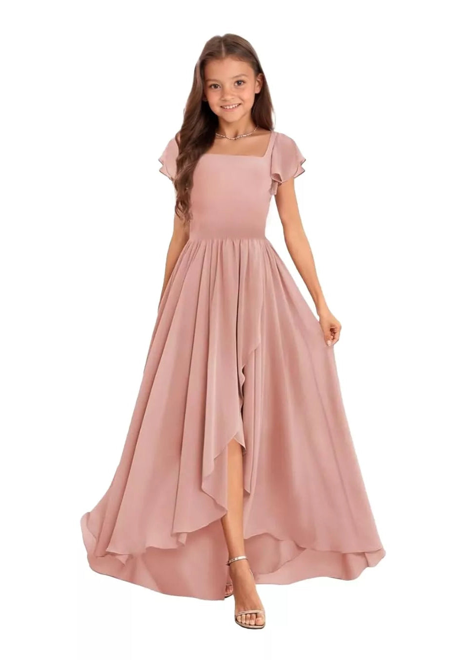 Elegant Square Neck Chiffon Maxi Dress-[Pink]
