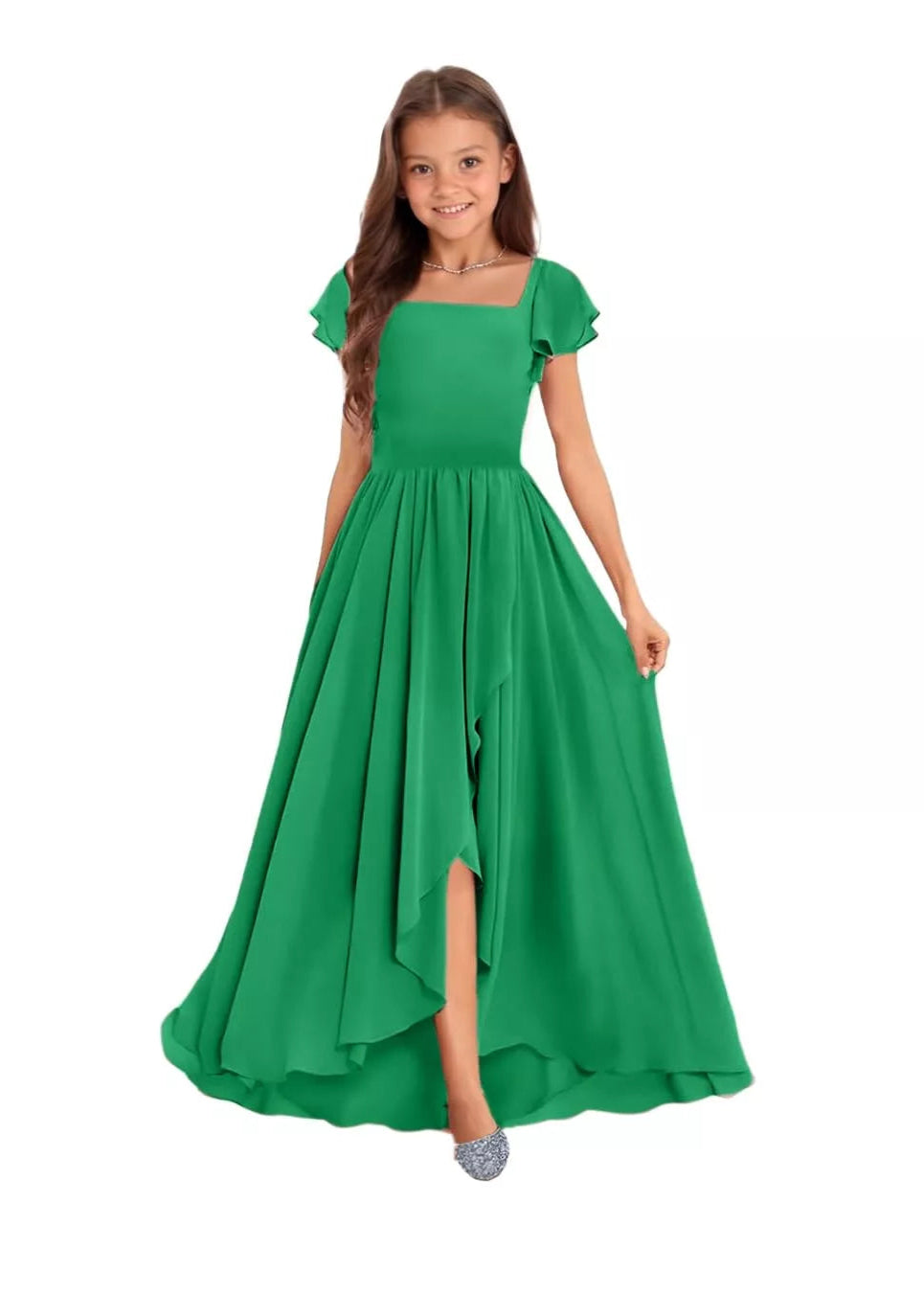 Elegant Square Neck Chiffon Maxi Dress-[Green]