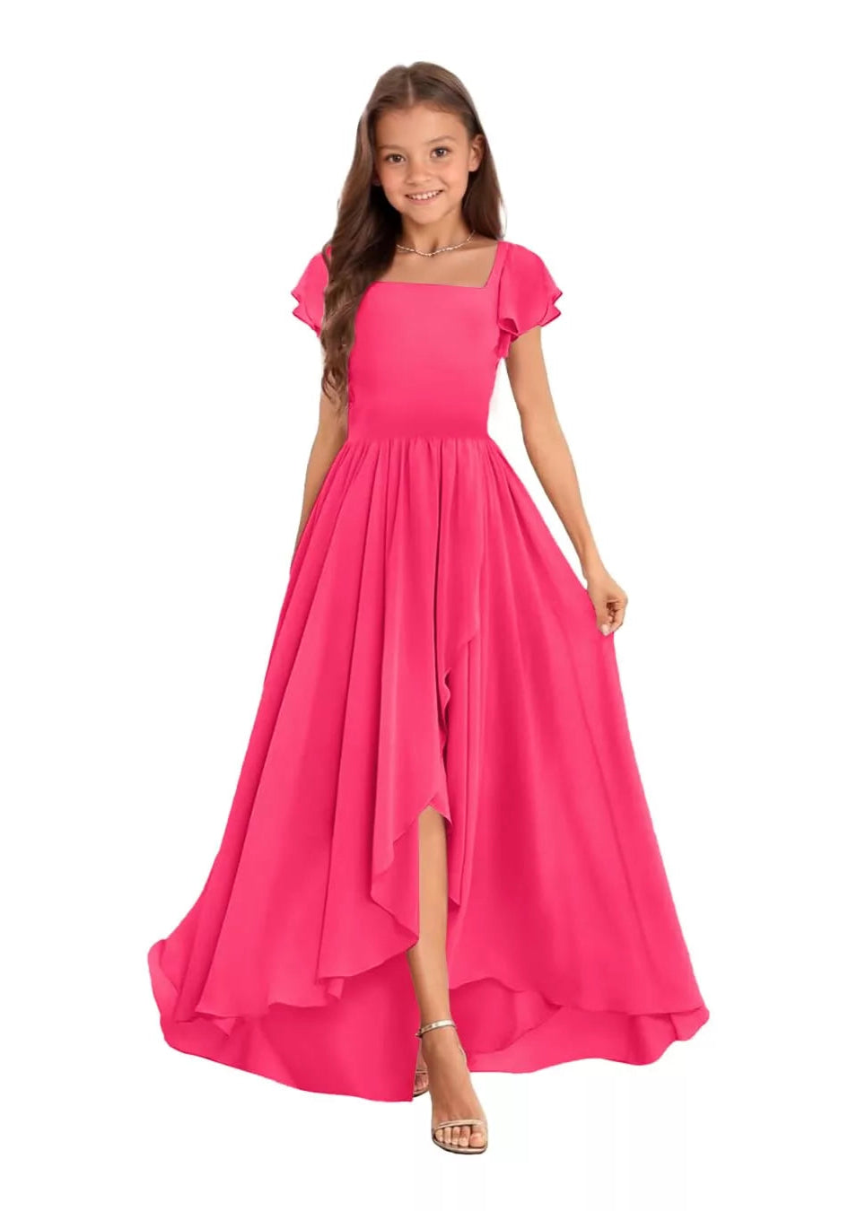 Elegant Square Neck Chiffon Maxi Dress-[Pink]