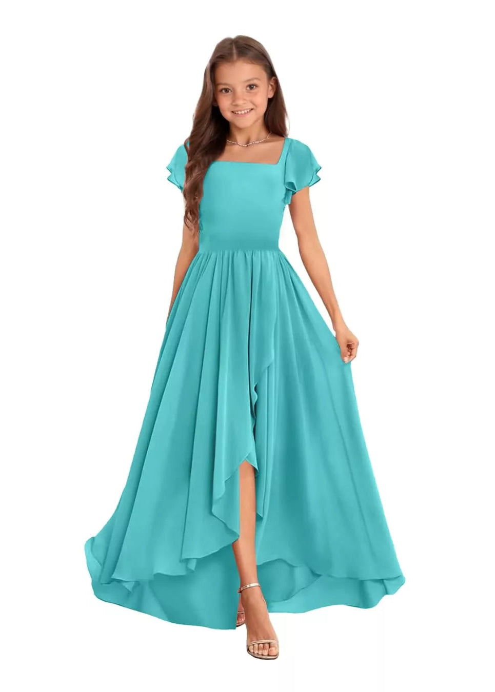 Elegant Square Neck Chiffon Maxi Dress-[Blue]