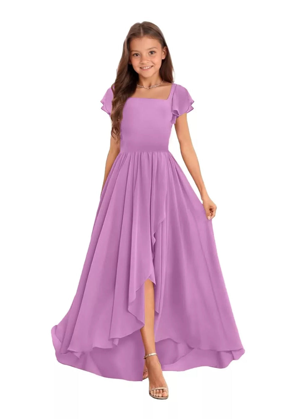 Elegant Square Neck Chiffon Maxi Dress-[Purple]