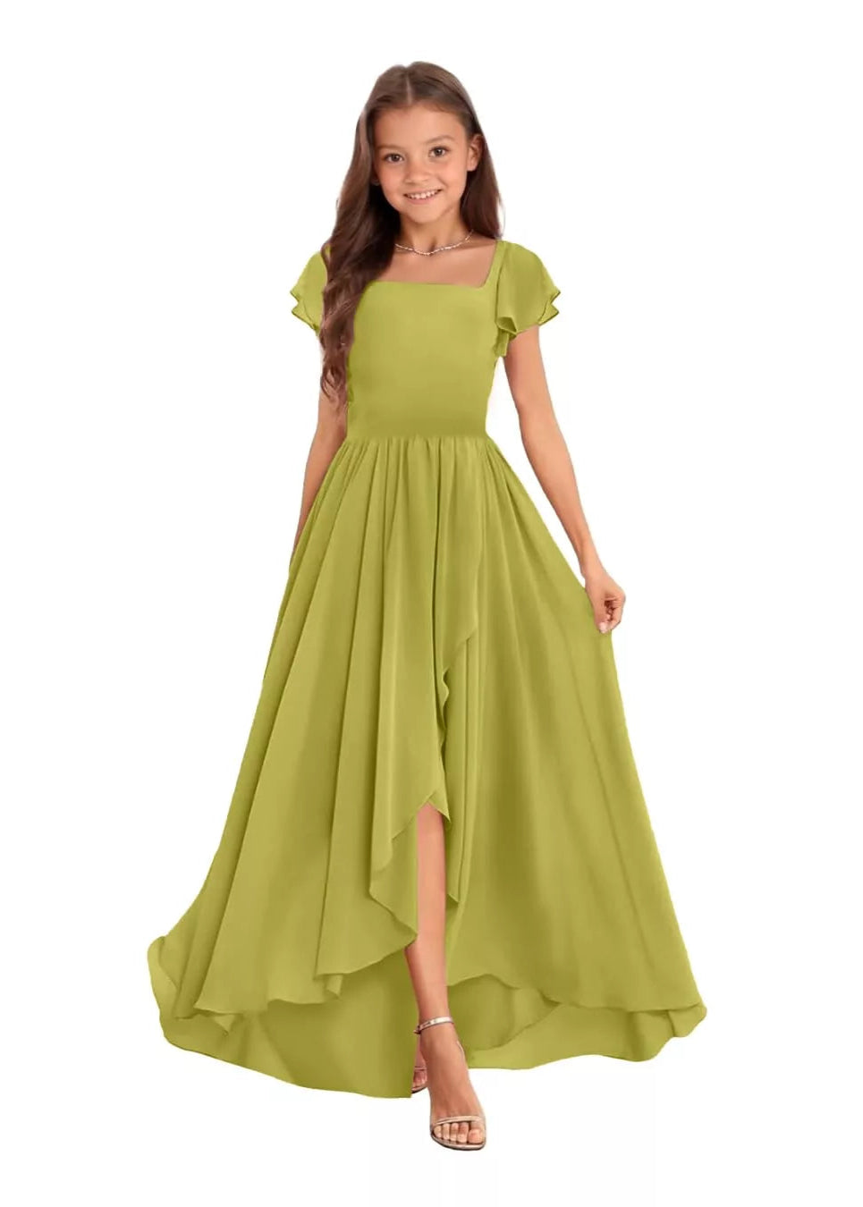 Elegant Square Neck Chiffon Maxi Dress-[Green]