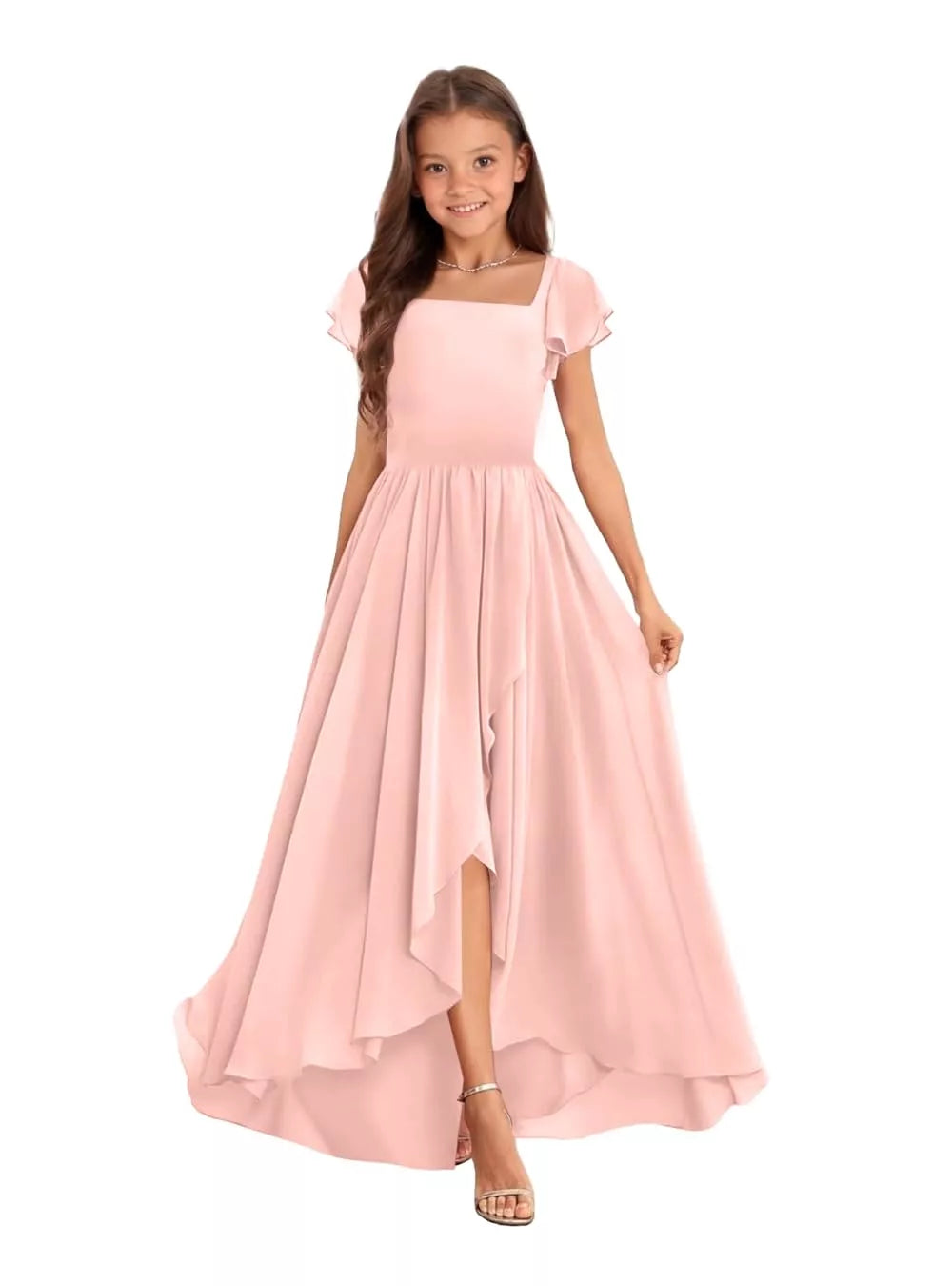 Elegant Square Neck Chiffon Maxi Dress-[Pink]