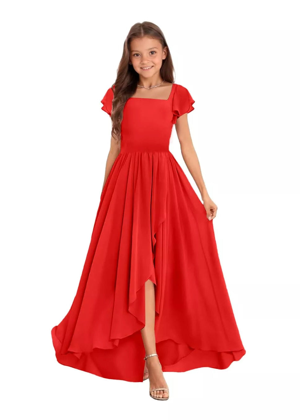 Elegant Square Neck Chiffon Maxi Dress-[Red]