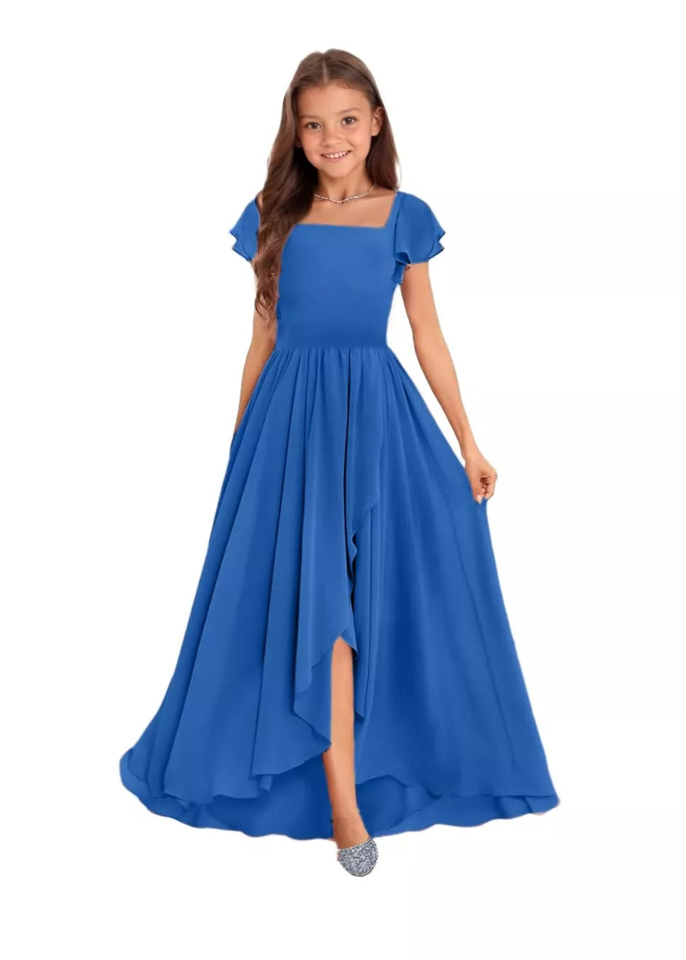 Elegant Square Neck Chiffon Maxi Dress-[Blue]