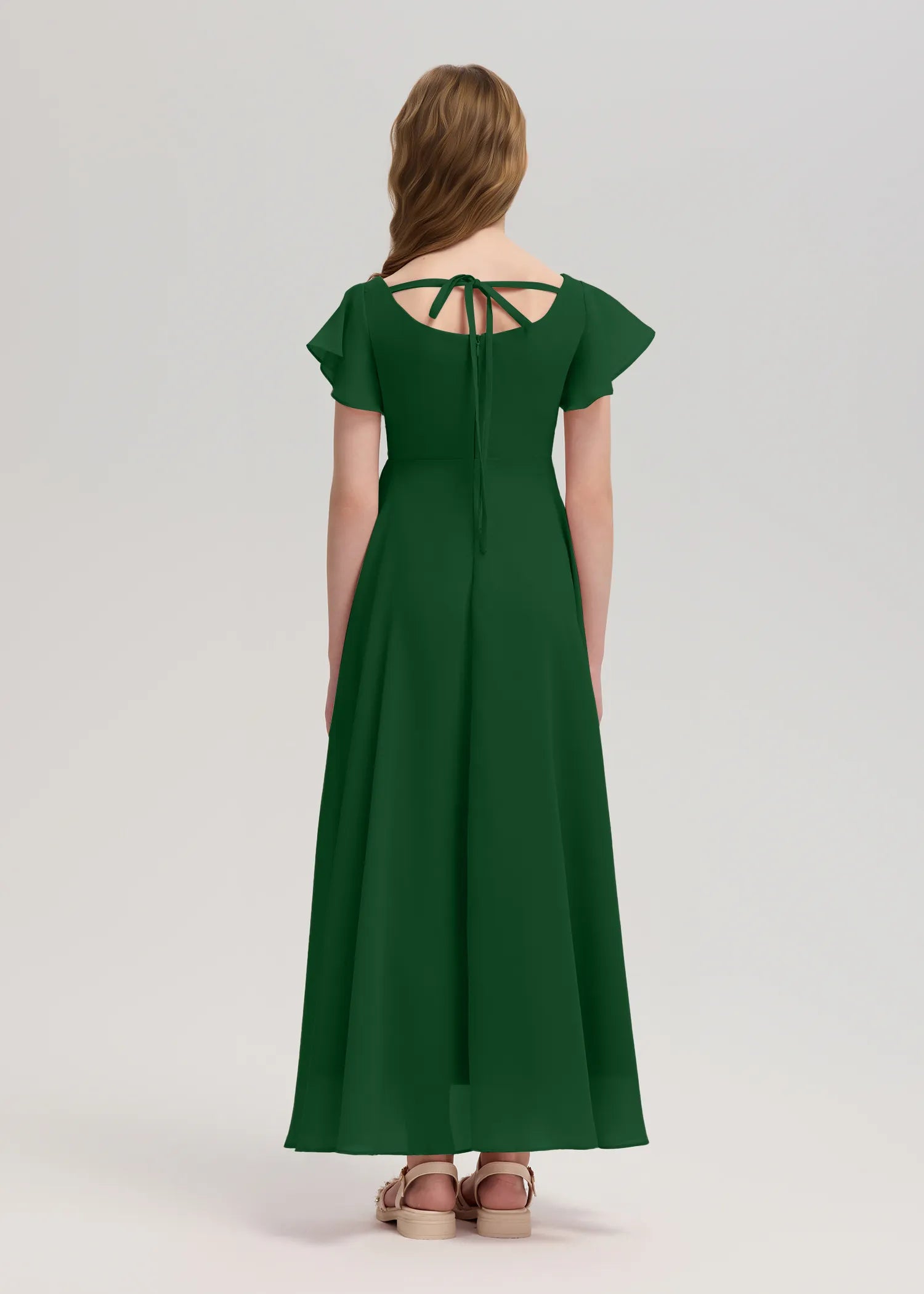 Square Neck Flutter Sleeve Chiffon Dress -[Green]