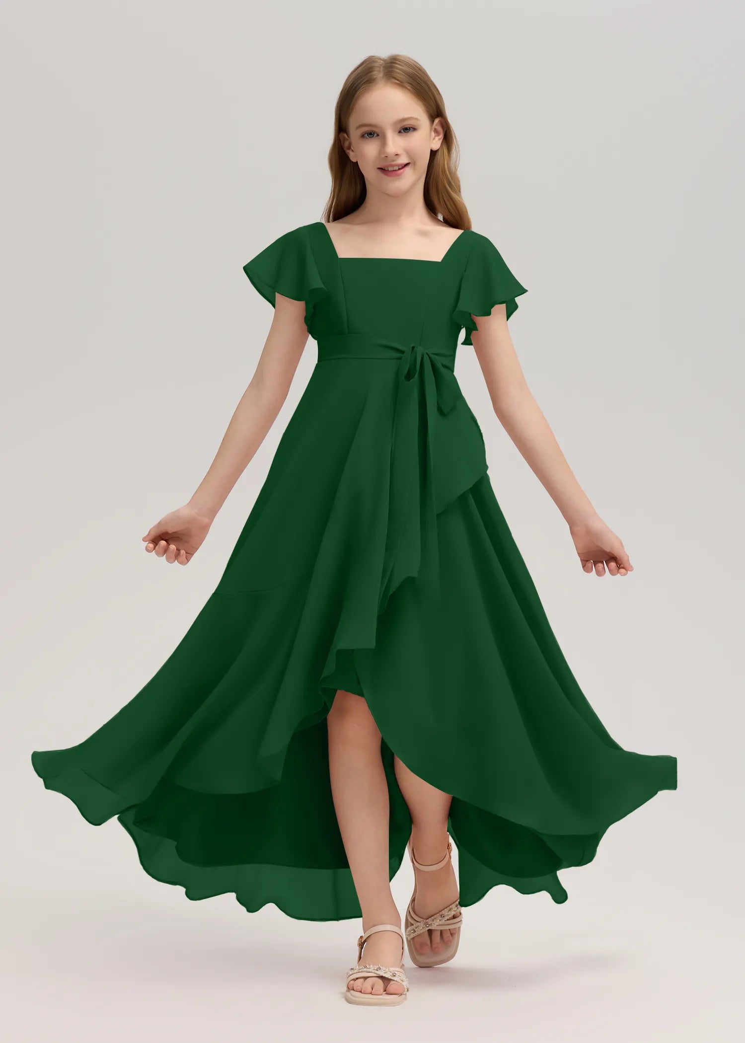 Square Neck Flutter Sleeve Chiffon Dress -[Green]