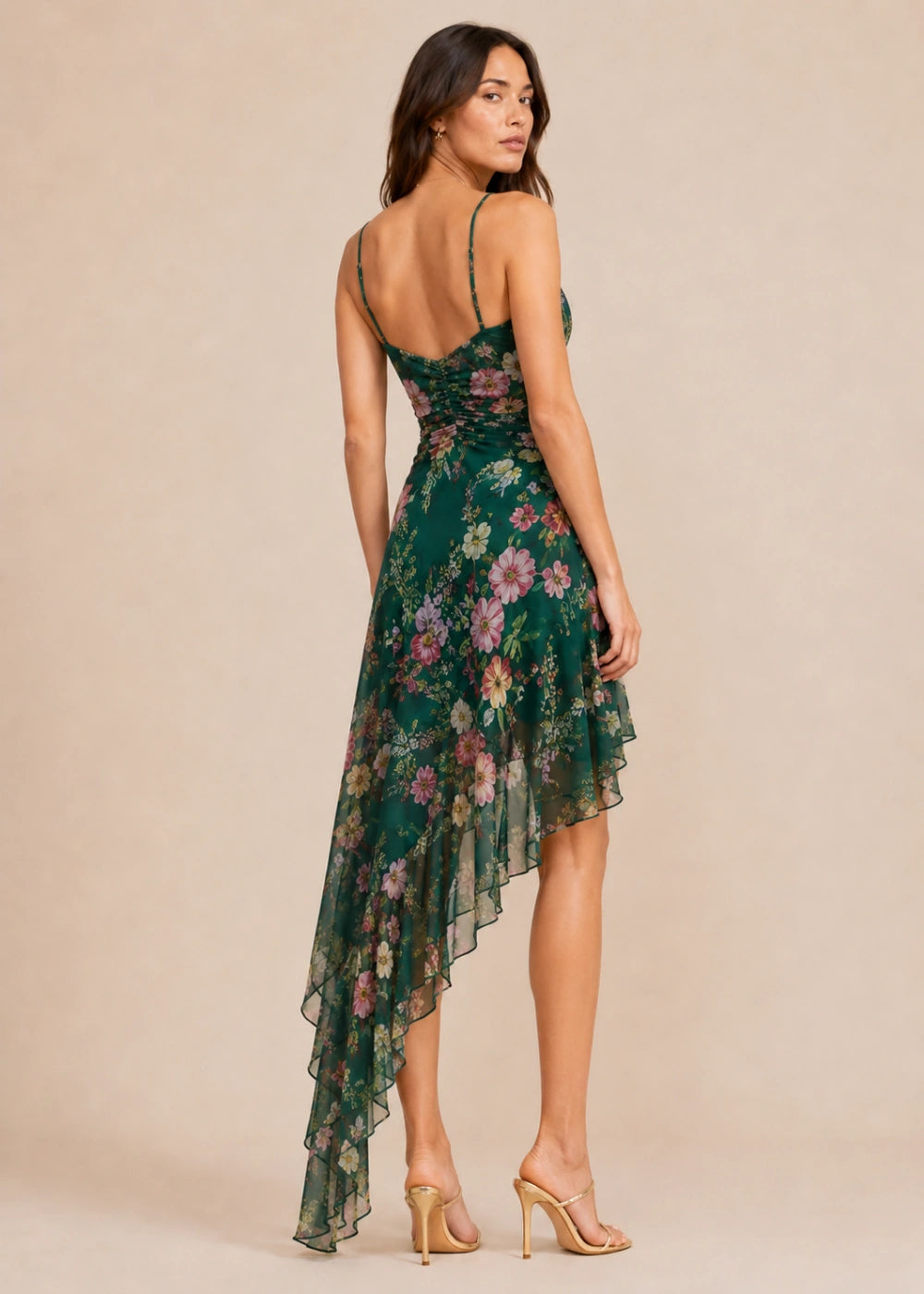 Emerald Pink Floral Cowl-Neck High-Low Dress