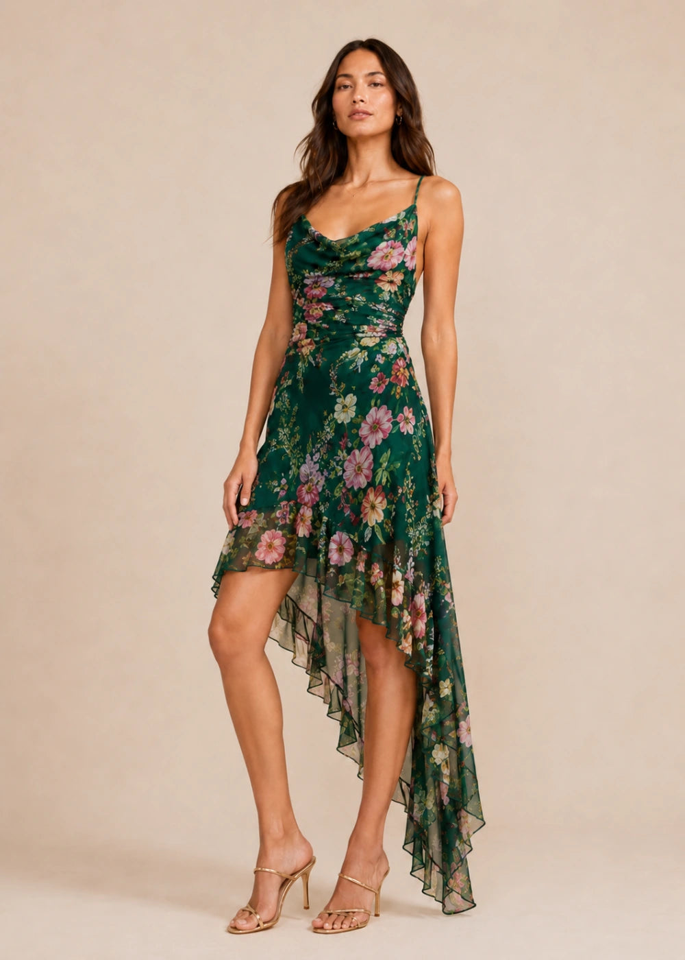 Emerald Pink Floral Cowl-Neck High-Low Dress