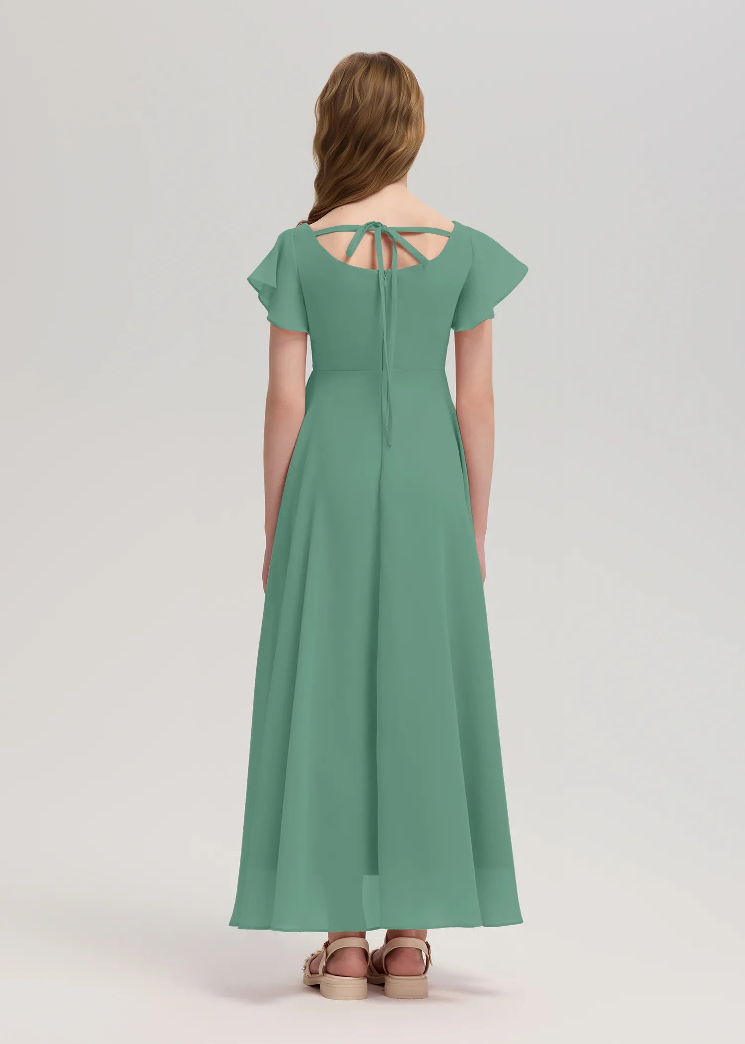 Square Neck Flutter Sleeve Chiffon Dress -[Green]