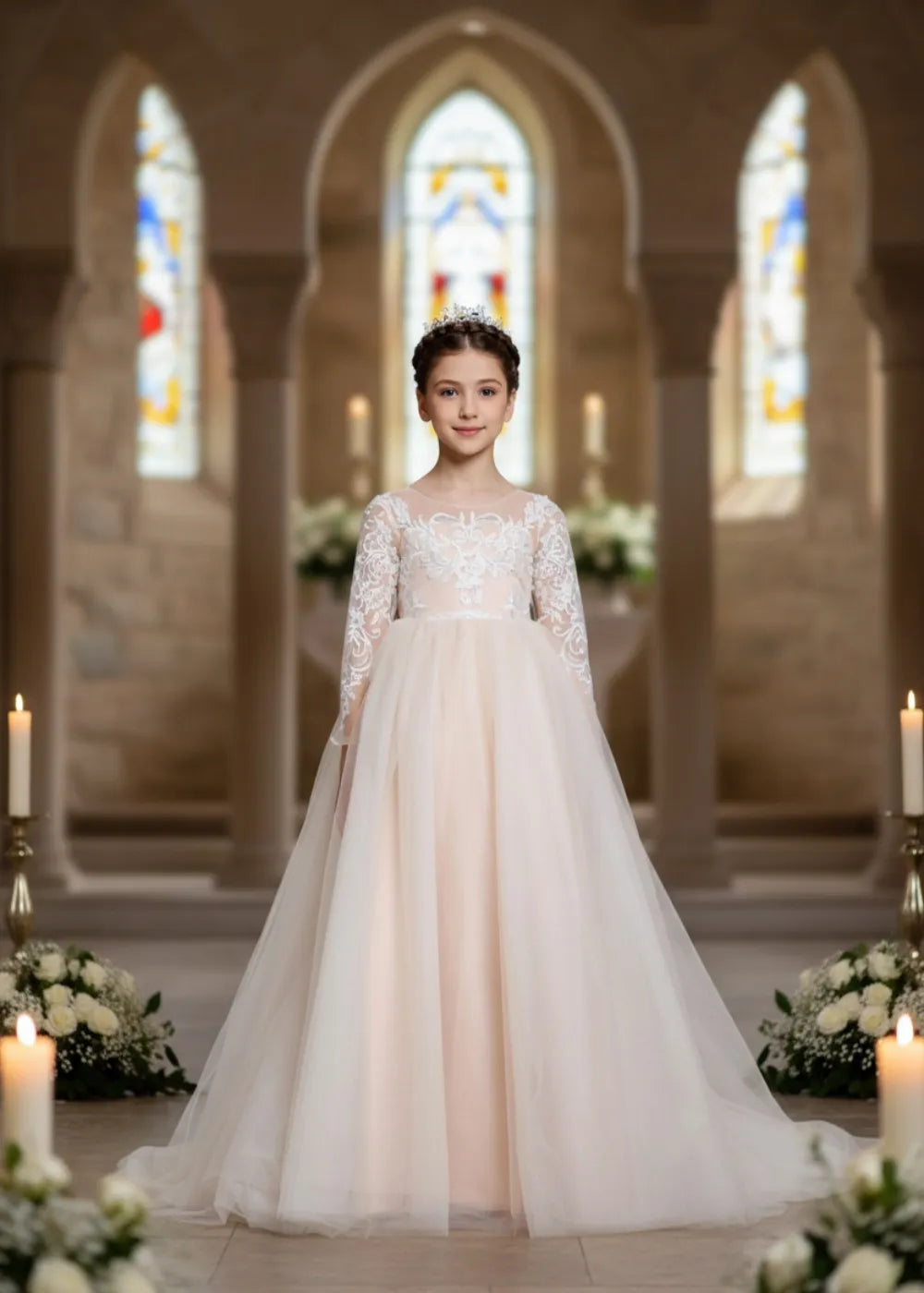 Lace Long Sleeve First Communion Dress for Girls – Ivory Tulle Princess Ball Gown