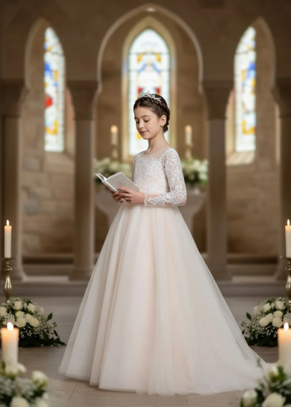 Lace Long Sleeve First Communion Dress for Girls