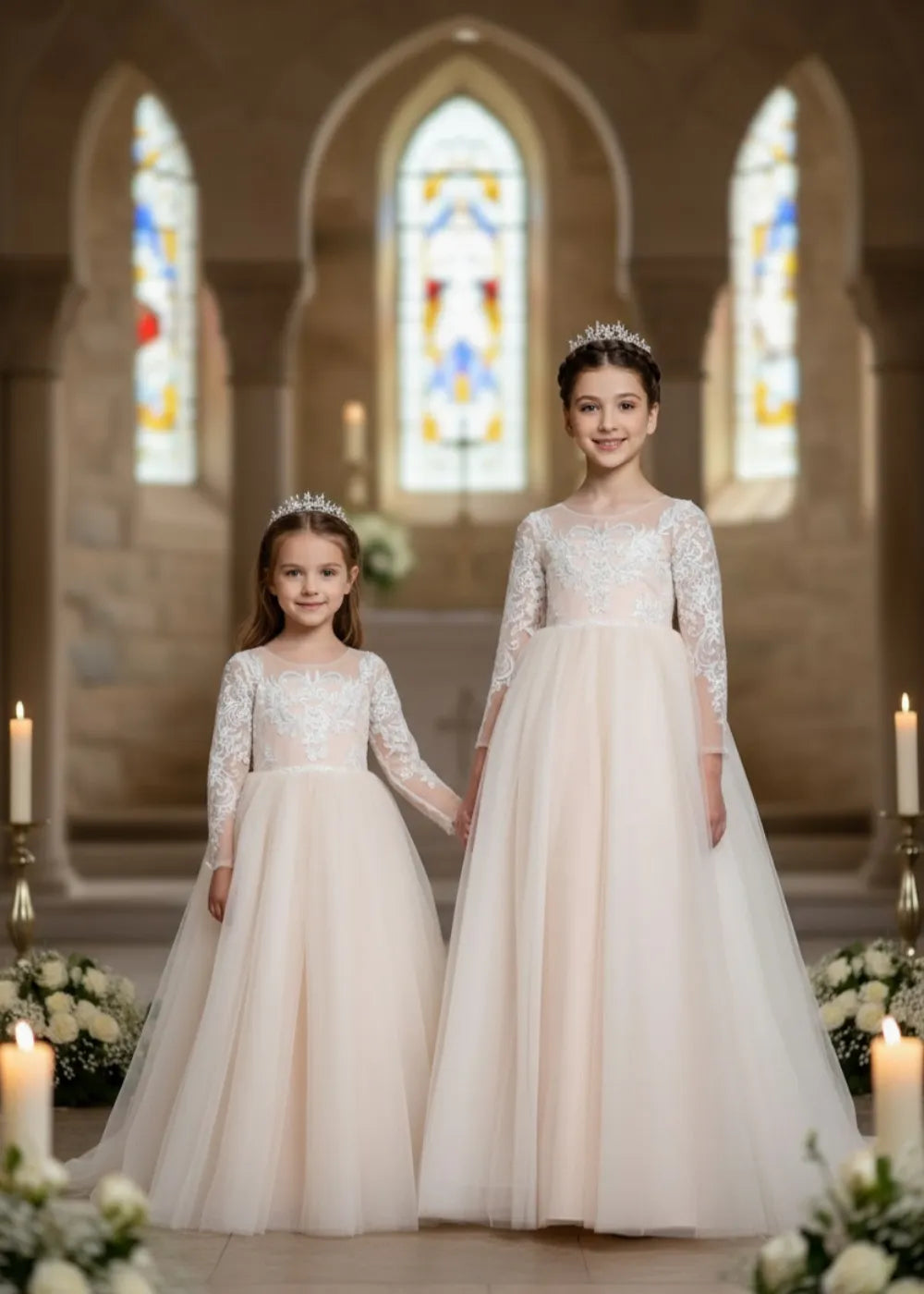 Lace Long Sleeve First Communion Dress for Girls