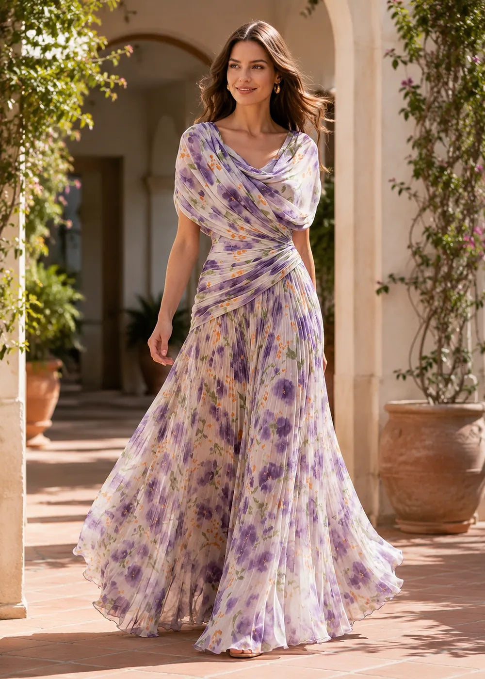 Romantic Floral Chiffon Maxi Dress with Draped Neckline