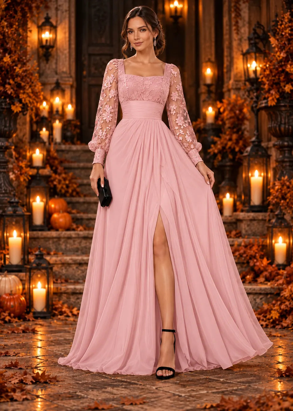 Front view of the blush pink evening gown with a square neckline, floral-lace sleeves and a slit chiffon skirt.