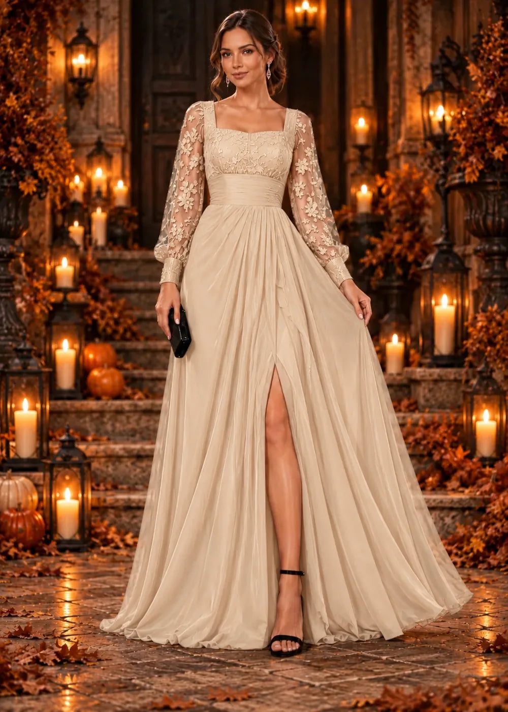 Front view of the champagne evening gown with a square neckline, floral-lace sleeves and a slit chiffon skirt.
