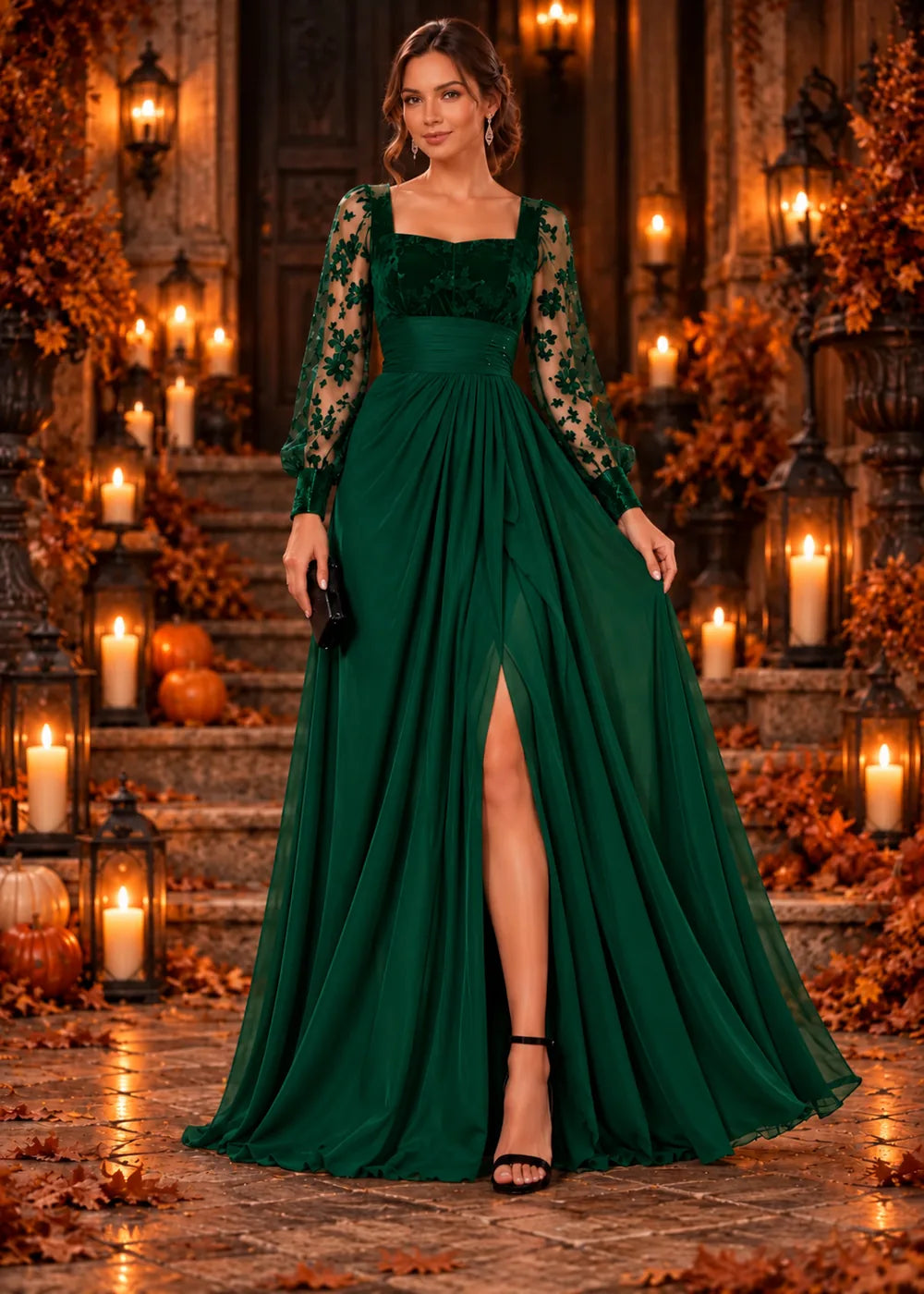 Front view of the emerald green evening gown with a square neckline, floral-lace sleeves and a slit chiffon skirt.