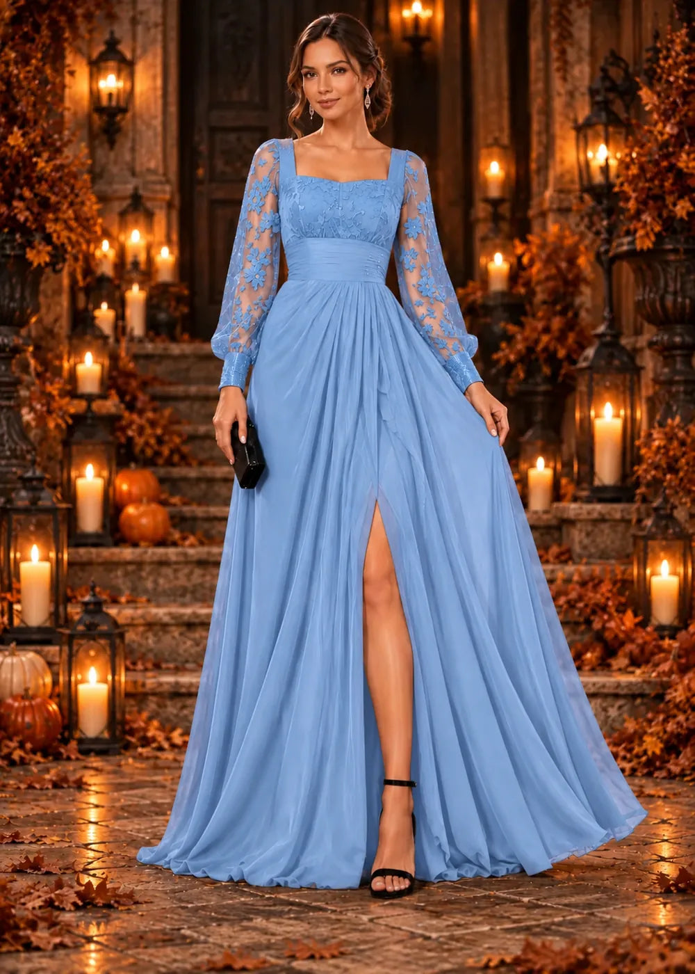 Front view of the light blue evening gown with a square neckline, floral-lace sleeves and a slit chiffon skirt.