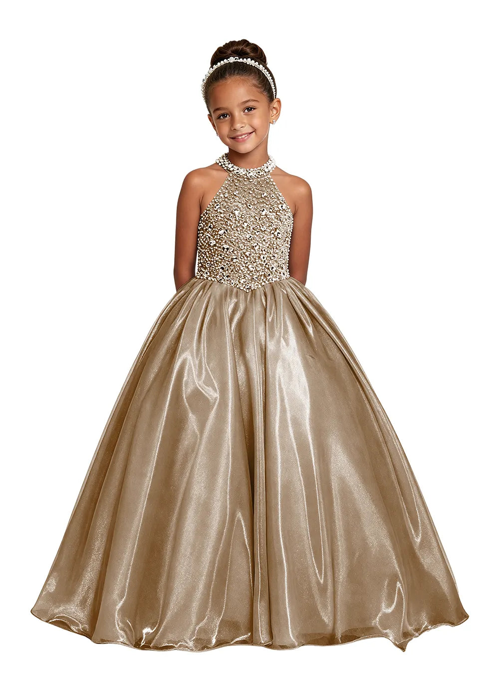 Jeweled Halter Satin Girls Ball Gown