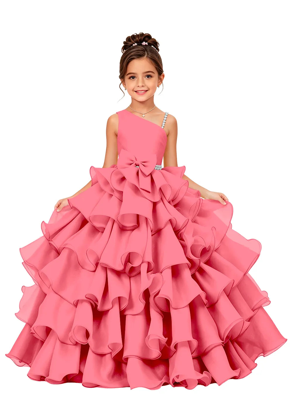 Asymmetrical Strap Tiered Organza Girls Pageant Dress