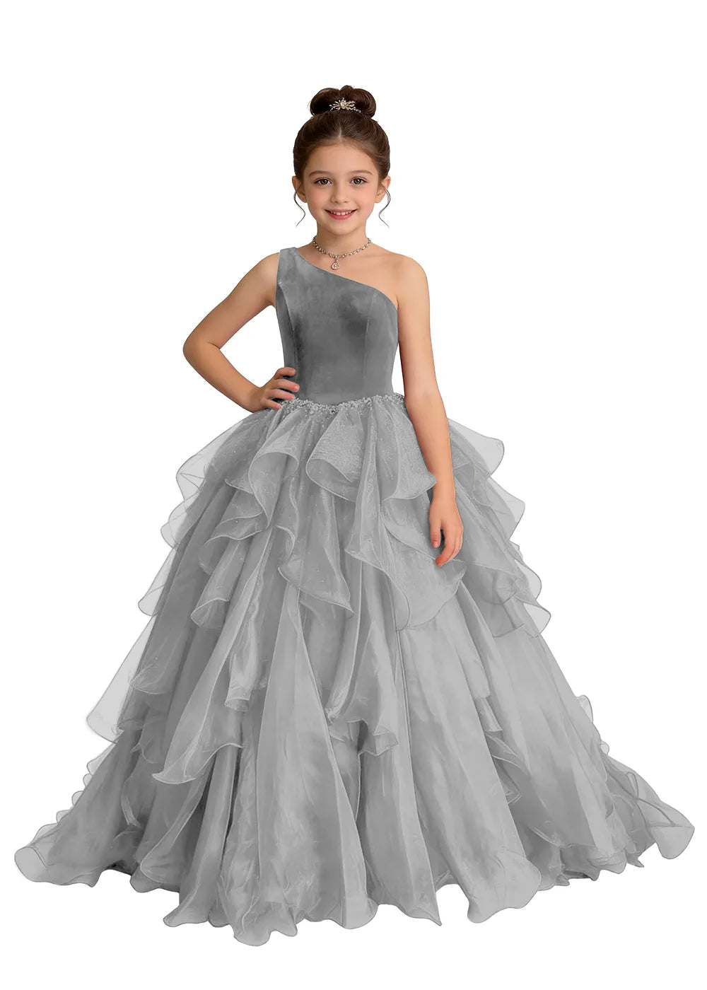Asymmetric One-Shoulder Cascading Ruffle Girls Ball Gown