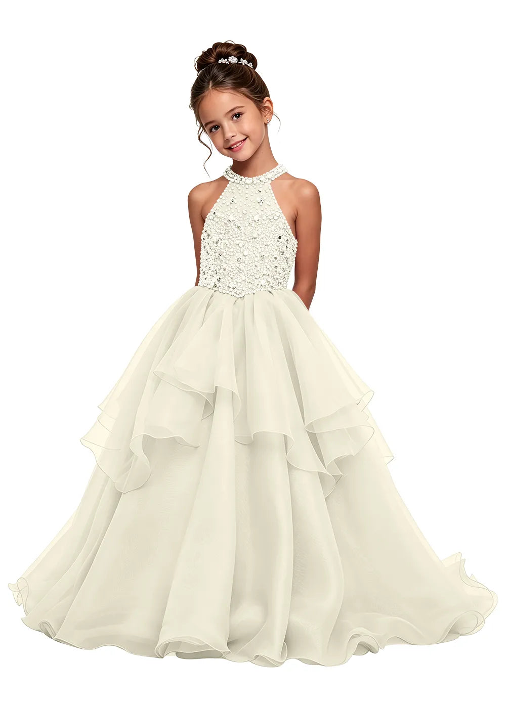 Beaded Halter Tiered Girls Pageant Dress