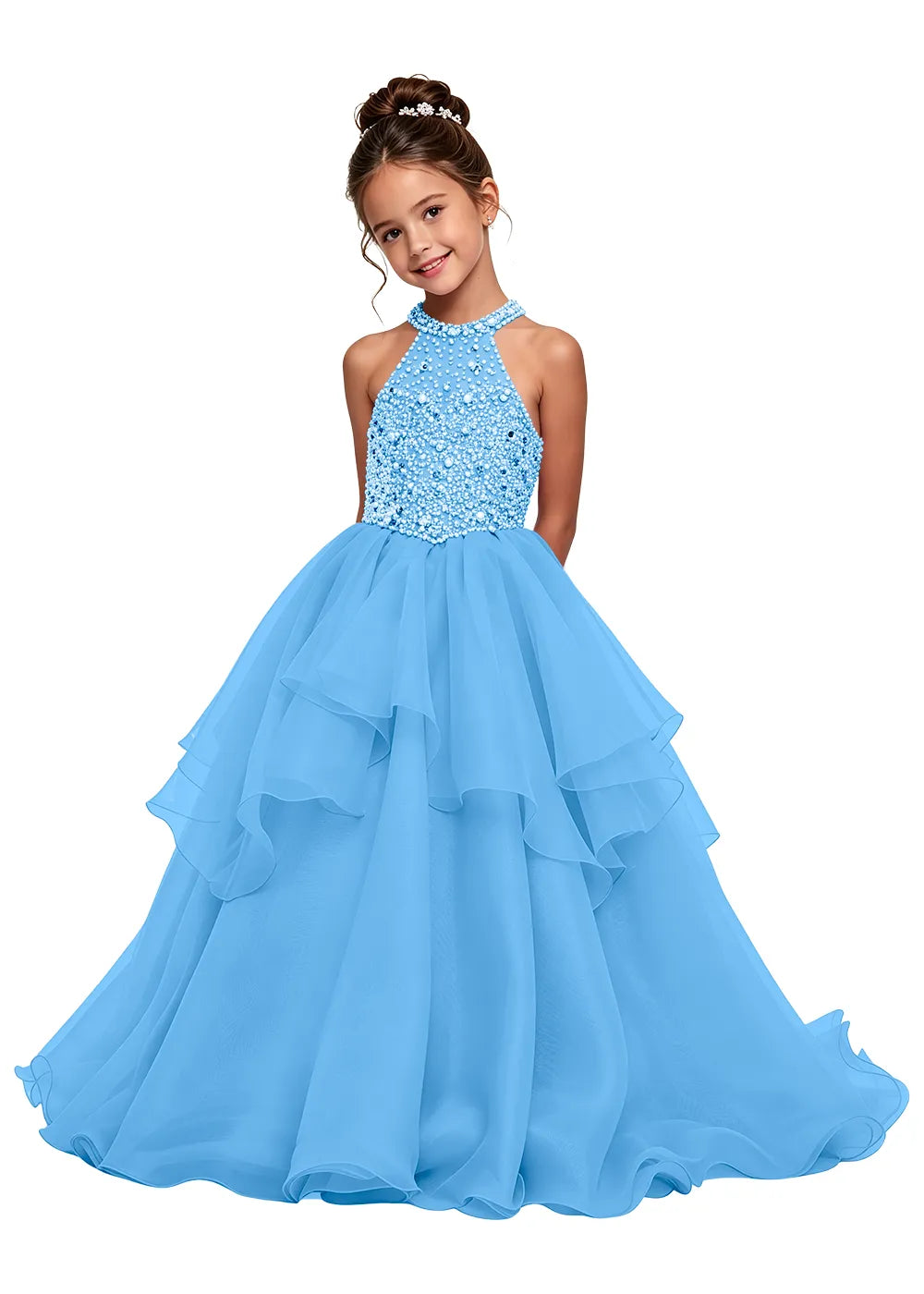 Beaded Halter Tiered Girls Pageant Dress