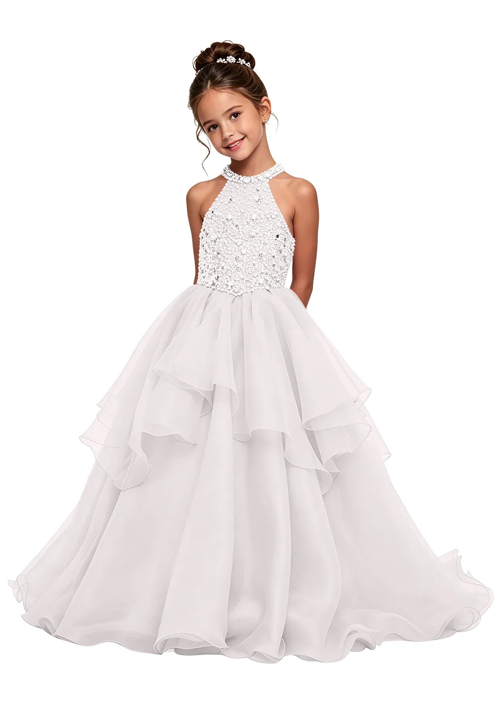 Beaded Halter Tiered Girls Pageant Dress