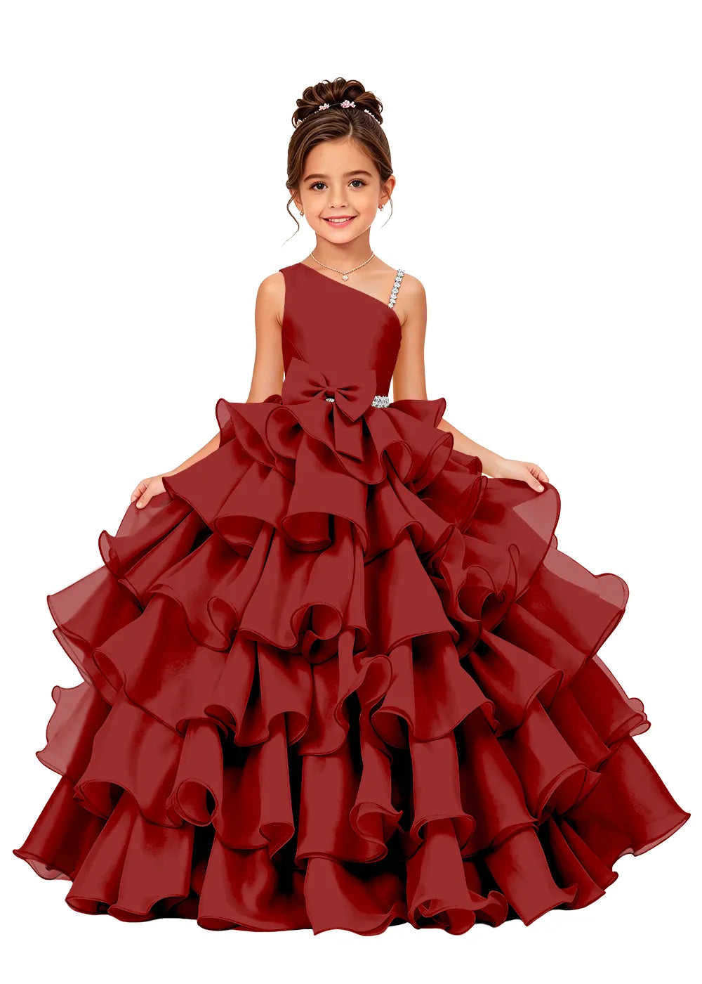 Asymmetrical Strap Tiered Organza Girls Pageant Dress