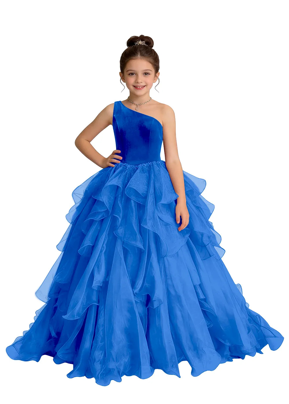 Asymmetric One-Shoulder Cascading Ruffle Girls Ball Gown