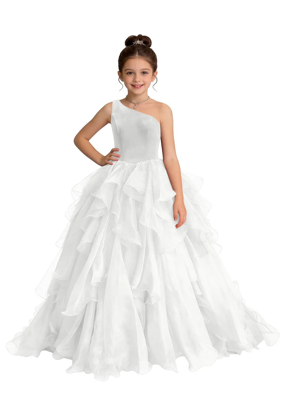 Asymmetric One-Shoulder Cascading Ruffle Girls Ball Gown