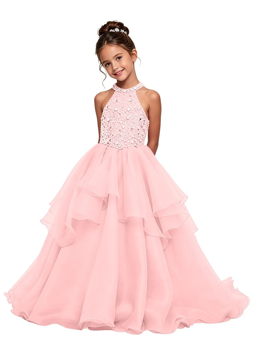 Beaded Halter Tiered Girls Pageant Dress