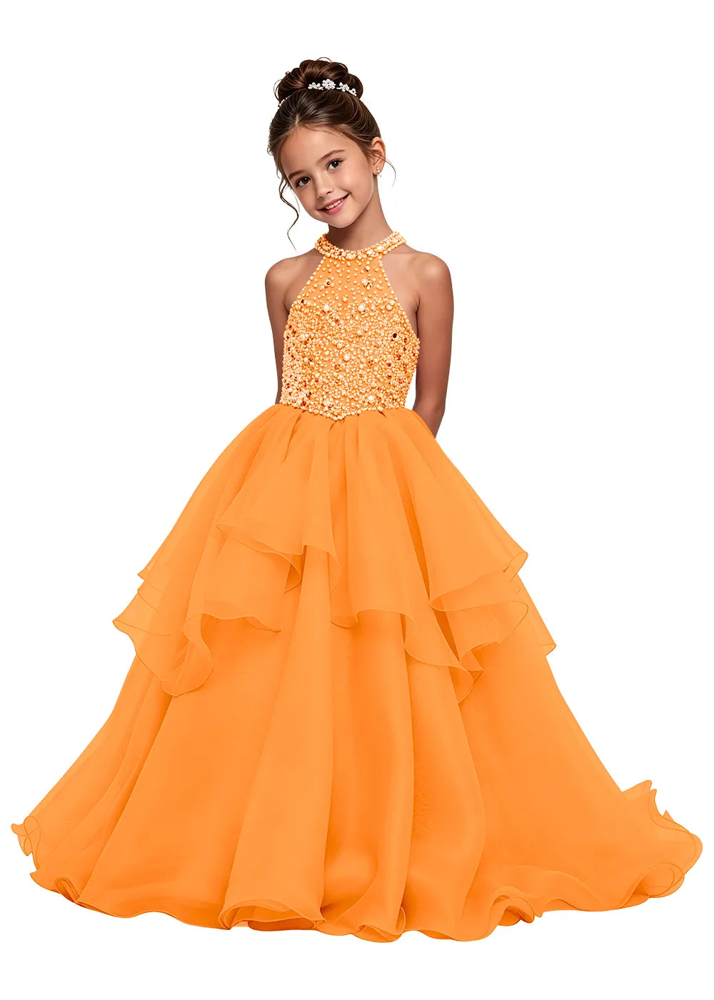 Beaded Halter Tiered Girls Pageant Dress