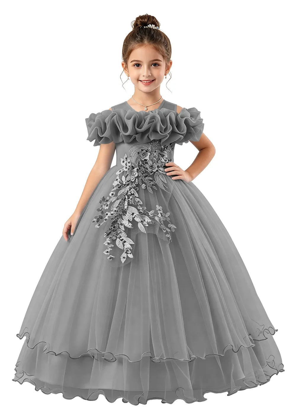 Off-Shoulder Ruffle Tulle Girls Princess Dress
