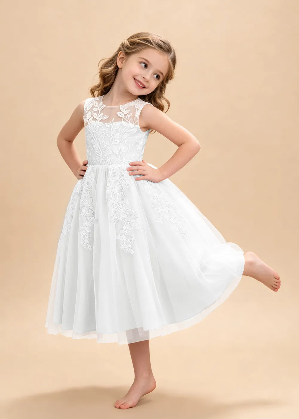 Sleeveless Lace Appliqué Tulle Flower Girl Dress