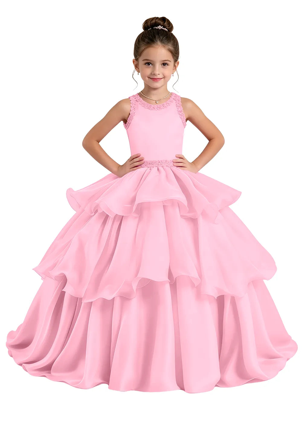 Lace-Trim Tiered Satin Girls Birthday Ball Gown