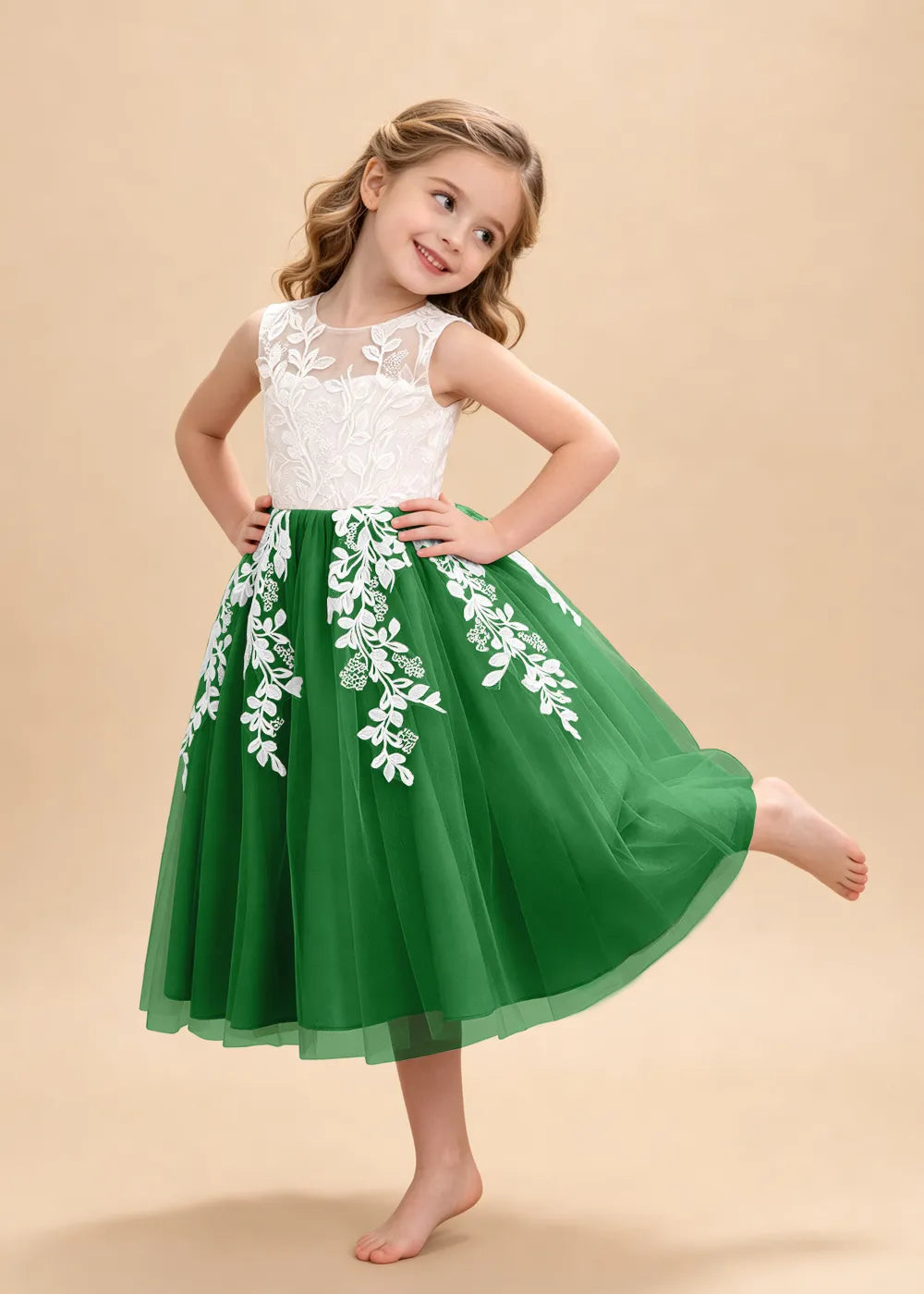 Sleeveless Lace Appliqué Tulle Flower Girl Dress