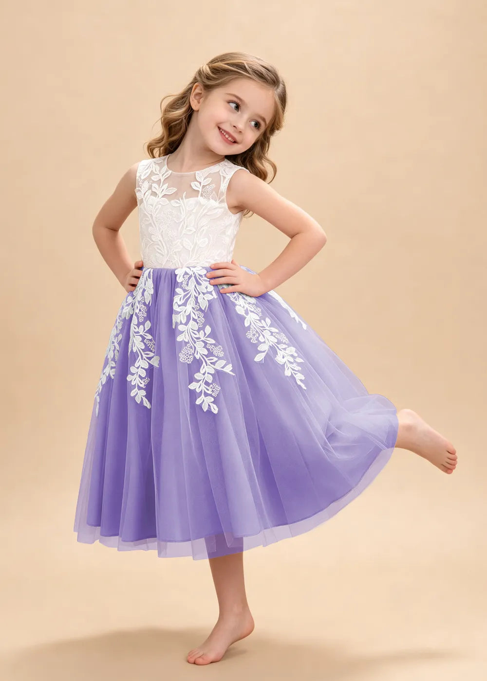 Sleeveless Lace Appliqué Tulle Flower Girl Dress