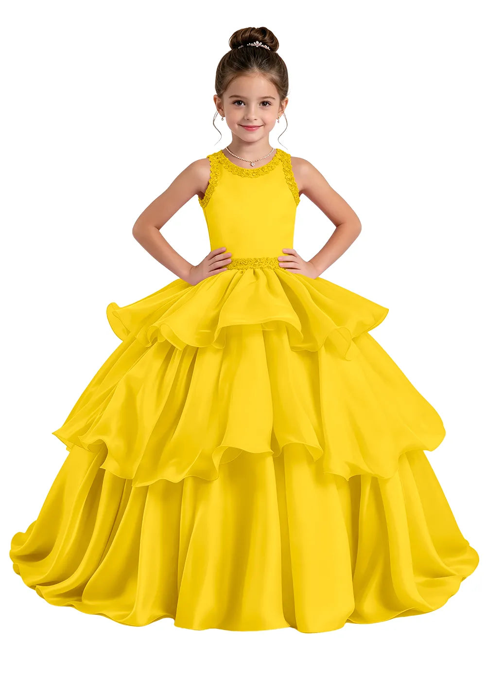 Lace-Trim Tiered Satin Girls Birthday Ball Gown