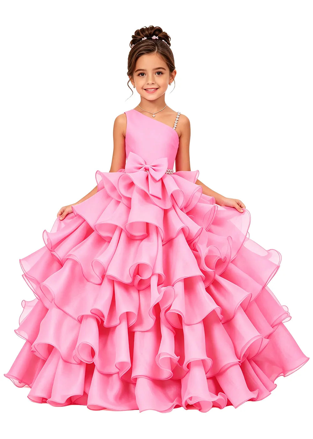 Asymmetrical Strap Tiered Organza Girls Pageant Dress